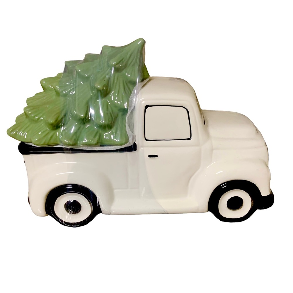 Farmhouse Ceramic White Truck with Christmas Tree Table Decor